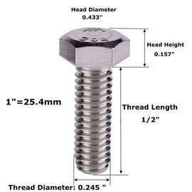 VAMUOEFL 1/4-20 x 1/2" Hex Bolt (1/2" to 3" Available),External Hex Head Screw, Fully Threaded, 304 Stainless Steel 18-8, 20Pcs