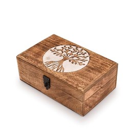 Kimona Mango Wood Tree of Life Engraved Hand Carved Jewellery Box for Men Women 8 x 5 x 3 Inches
