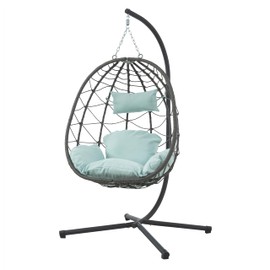 Wicker Hanging Chair with Stand,Indoor/Outdoor Swing Egg Chair with Cushion,Hammock Chair for Bedroom Living Room Patio Balcony Porch Garden,350Lbs Capacity Blue 1 Seat