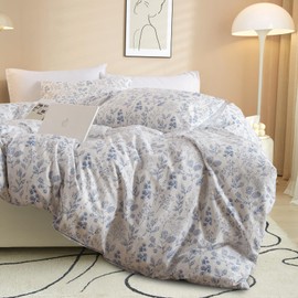 VM VOUGEMARKET 3 Pieces Blue Flower Duvet Cover Set Twin Cottagecore Botanical Duvet Cover with 2 Pillowcases 100% Cotton Leaves Bedding Set Vintage Garden Style for Teen Girls-68 X86