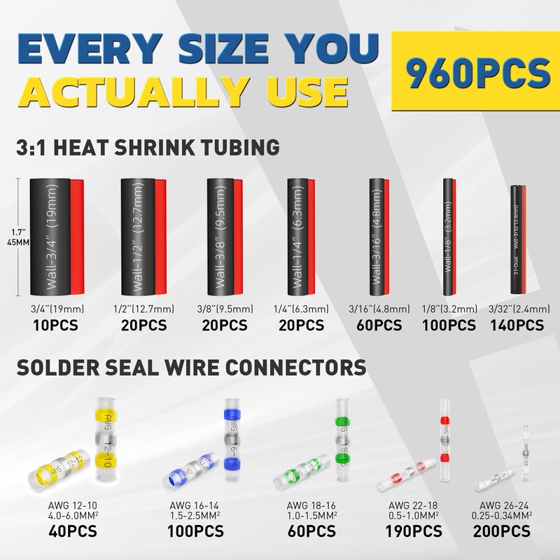 haisstronica 960PCS Solder Seal Connectors Kit with 3:1 Heat Shrink