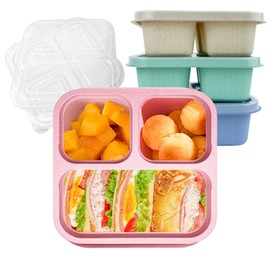 UURFSE Snack Containers 3 Compartments, Reusable Bento Snack Box with 4 Pack, Meal Prep Containers for Adults, Divided Wheat Straw Food Storage Containers for Work Travel (Green/Blue/Pink/Beige, 3 C)