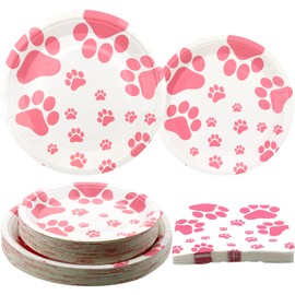 LSJDEER 120 PCS Dog Party Supplies - Dog Birthday Paw Prints Party Supplies for Girl include Pink Pawty Puppy 9 inches Plates, 9 inches Plates, napkins, for Doggy Tableware Party - Serves 40
