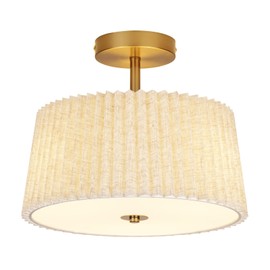 HILUXIA 13 Inch Linen Pleated Semi Flush Mount Ceiling Light Fixture, Modern Cone Drum Dimmable Lamp for Bedroom, Kitchen, Dining Room, Hallway, Nursery, Entryway, Foyer Lighting, Gold