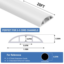 Floor Cord Cover Self Adhesive Cord Hider Floor Extension Cord Covers for Floor Power Cord Protector Cable Management Prevent Cable Trips Cable Cavity 0.47" W x 0.27" H (White, 20Ft)