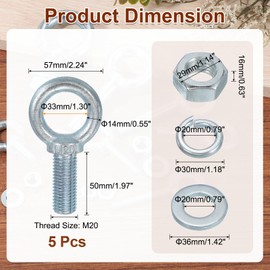 uxcell 5 Pack M20 Galvanized Carbon Steel Eye Bolts, 3/4" x 1.97" Lifting Ring Eye Bolt with Nuts and Washers Heavy Duty Screw Eye Bolts Kit for Tie Down Straps Indoors Outdoors, Silver