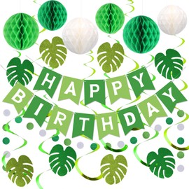 Green Decorations, Green Happy Birthday Banner with Honeycomb Balls, Palm Leaves Hanging Streamers, Circle Dot Garlands Decorations, Birthday Party Decoration for Boys and Girls