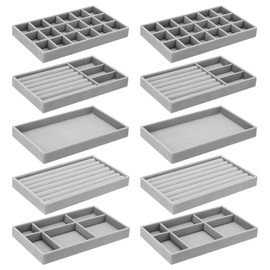 Oupuven Pack of 10 Jewellery Trays, Velvet Jewellery Insert for Drawers, Jewellery Box, Stackable, Jewellery Storage Drawer for Necklaces, Bracelets, Earrings, Rings, Watch Grey (21 x 12.5 x 2.5 cm)
