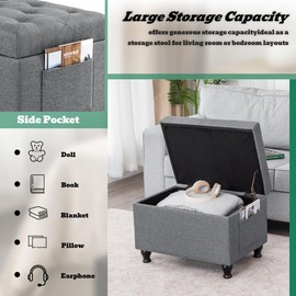 DECO DE VILLE Ottoman with Storage 24'' Storage Ottomans Linen Fabric Ottoman Footstools Small Upholstered Foot Rest Stool for Couch, Living Room, Bedroom, Entrance Shoe Bench Light Grey