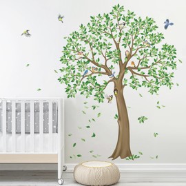 decalmile Large Green Tree Wall Stickers Falling Leaves Birds Wall Decals Living Room Bedroom Office Wall Decor(H: 59 inches/150 cm)