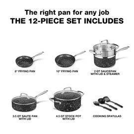 HLAFRG Nonstick Cookware set Pots Pans and Cooking Utensils, Durable Nonstick Coating, Oven Safe and Induction Compatible, 12 Piece Set, Black Granite