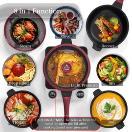 TIBORANG 8 in 1 Multipurpose 11 Inch 5 Quart Heat Indicator Nonstick Deep Frying Pan with Glass Lid,Stay-cool Handle,Steamed Grid,PFOA-Free,Dishwasher&Oven Safe,Works with All Stovetops(Ruby Red)