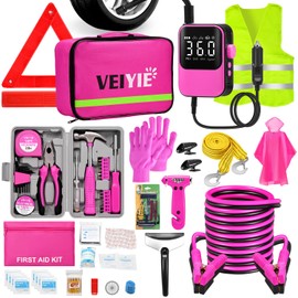 VEIYIE Car Emergency Kit with Portable Air Compressor, Pink Roadside Emergency Car Kit for Vehicles, 10FT Jumper Cables, Car Safety Kits Road Trip Essentials for Women, First Aid Kit, Tool Kit