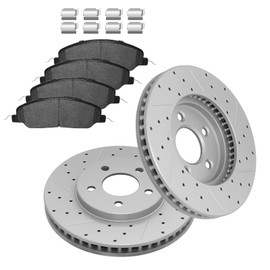 Fraxle Front Drilled & Slotted Disc Brake Rotors and Ceramic Brake Pads kit for Ford Mustang Base V6 4.0L 2005 2006 2007 2008 2009 2010