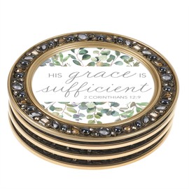 Elanze Designs Jeweled Rim Eucalyptus His Grace is Sufficient Gold 4.5 x 4.5 Acrylic Coaster, Set of 4