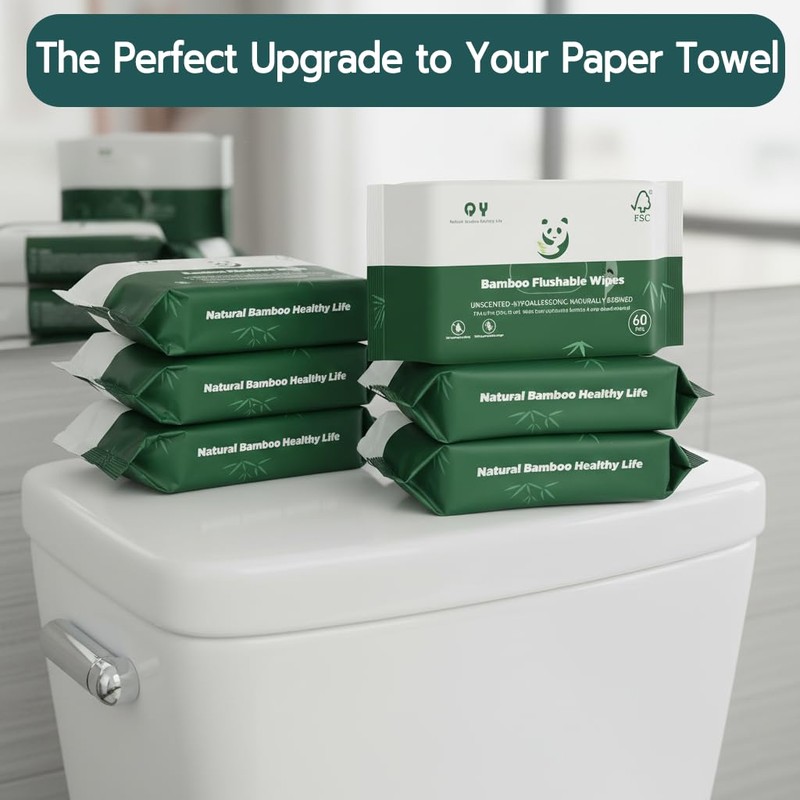 QingYa Bamboo Flushable Wipes,Septic Safe,Soft, Soothing Botanicals & Aloe, Unscented,Eco