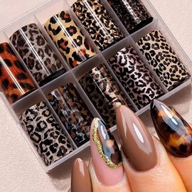 Leopard Print Nail Art Foils Transfer Stickers Animal Print Adhesive Decals Snake Cheetah Print Nail Foils Holographic Stickers Fall Nail Art Supplies for Women Autumn Nail Decorations 10 Rolls