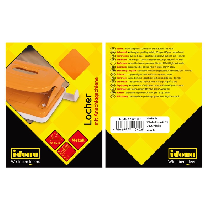 Idena 11542 Metal Hole Punch with Format Display, Orange, for