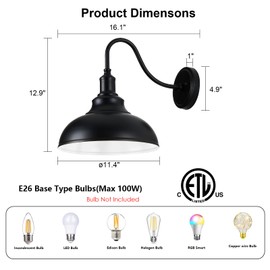 ALAISLYC 2 Pack Outdoor Wall Lights 12 inch Exterior Barn Wall Sconce Fixture Wall Mount Lantern Waterproof Black Wall Lamps Lumiere Outside Porch Lights House Garage Doorway Patio Front Door Entryway