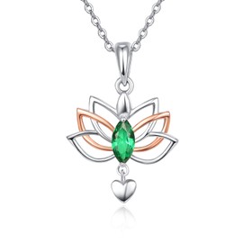 TANGPOET Lotus Necklace Green Zircon Chakra Necklace Healing Lotus Flower Pendant 925 Sterling Silver Necklace Jewellery Spiritual Gifts for Women Girls, Sterling Silver, Zircon