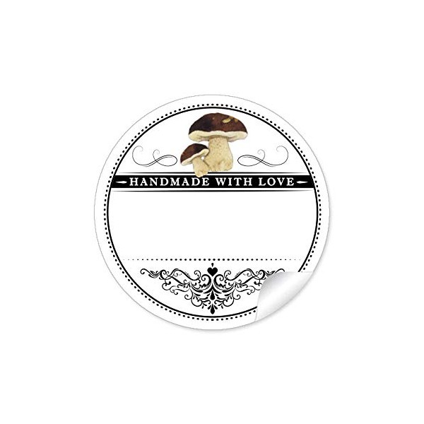 24 Stickers White Black Brown Boletus and Ornaments "Handmade with