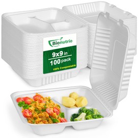 Bionutrio 9x9 To Go Containers With Lids, 100 Pack Food Containers Disposable, Compostable Take Out Containers, 3-Compartment Heavy Duty Paper Container, Biodegradable Bagasse To Go Boxs For Food