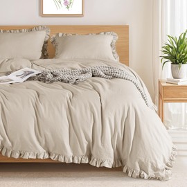 Shilucheng 100% Linen Ruffle Queen Duvet Cover Set, Luxury Pure Natural French Flax Linen Duvet Cover with Zipper Closure, Cooling Breathable Comforter Cover 3 Piece (Natural Linen)