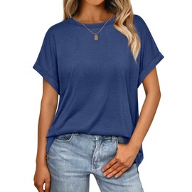 AUTOMET Womens Summer Tops Oversized Short Sleeve Business Casual Dressy T Shirts Trendy Fashion Clothes Spring Outfits 2025 Blue S