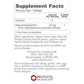 Protocol Astaxanthin 10mg - Free Radical Quencher, Heart & Eye Health, Immune Support - 60 Softgels