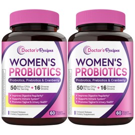 Doctor's Recipes Women's Probiotics, 50 Billion CFU 16 Strains, with Organic Prebiotics Cranberry, Shelf Stable, Delayed Release, 120 Capsules (Pack of 2), 60 Day Supply