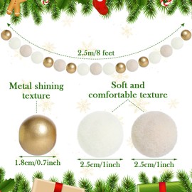 Oudain 4 Pcs Christmas Garland Pom Pom Garland Neutral Wool and Wood Felt Ball Vintage Christmas Tree Decor Holiday Party Banner Decoration for Christmas Decoration Supplies, Ivory, Cream, Gold