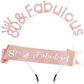 SuPoo 80th Birthday Sash and Crown Rose Gold 80 and Fabulous Birthday Headband Tiara 80th Birthday Decorations for Women 80th Birthday Gifts for Her 80 Year Old Party Decor