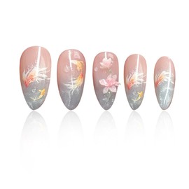 24Pcs Almond Press on Nail Lotus Gradient Cute Fake Nails Medium Length Koi Fish False Nail for Women Full Cover Reusable Stick on Nails Natural Glue on Nail