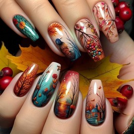 Press on Nails Medium Ballet Shaped Forest House and Bird Pattern Design Acrylic False Nail Full Cover Glossy Painting Stick on Nail DIY Reusable Manicure Art Artificial Glue on Nails for Women 24Pcs