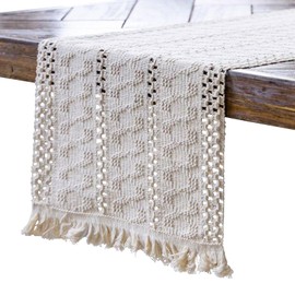 Macrame Table Runners Cotton Linen Fringe Boho Table Runner, Rustic Burlap Table Runner with Tassels for Bohemian Wedding Party Home Kitchen Tabletop Decor (Style 4, 30 x 275 cm)