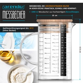 Arendo - 1l Glasbehälter aus Borosilikatglas - 1 Liter Messbecher Glas Krug – präzise Skala – hitzebeständig – Mikrowellen geeignet – Glasbehälter mit Bambusdeckel - Silikondichtung