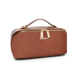 Travel Makeup Bag,Cosmetic Organizer Bag for Women,Large Capacity Make up Bag Waterproof PU Leather Makeup Organizer Bag Wide Open Portable Pouch with Dividers and Handle(B-Brown)