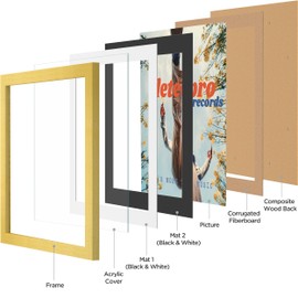 eletecpro Record Album Frames 15x15 Display 12-in Single LP Cover, Record Frames with Double Mats and Acrylic Cover, Ready to Hang, Gold Vinyl Record Display Wall Mount for Home Decor, 4 Pack