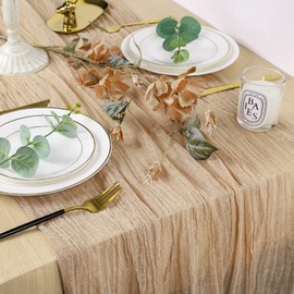 Whaline 13Ft x 35" Semi-Sheer Table Runner Extra Long Sand Cheesecloth Tablecloth Boho Rustic Table Cover for Kitchen Dining Room Bridal Shower Wedding Party Supplies Coffee Table Decor
