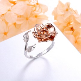 DAOCHONG Women's 925 Sterling Silver Rose Flower Adjustable Ring, Romantic Gift for Her, Base