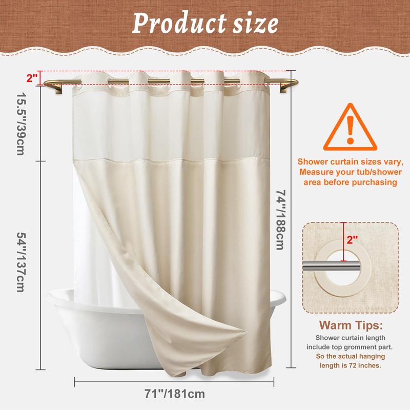 WONICY No Hooks Luxury Shower Curtain Set with Snap-in Liner,