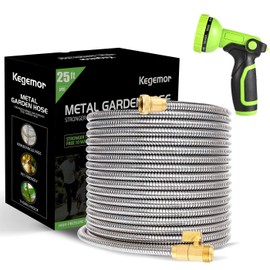 kegemor Garden Hose 25 ft-Metal Water Hose -Flexible Lightweight Outdoor Yard Strong Durable Heavy Duty 304 Stainless Steel Hose Pipe with 10-Way Nozzle, Solid 3/4" Brass Connectors, No Kink Hose