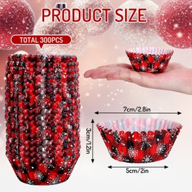 Whaline 300Pcs Christmas Plaid Snowflake Cupcake Liners Red Black Buffalo Plaid Cupcake Wrappers Baking Cups Holders Muffin Liners for Xmas Winter Holiday Birthday Party Supplies