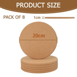 EXLECO Pack of 8 20 cm Cork Coasters, Round Pot Coasters, Cork Coasters for Pots Pans Plants 1 cm Thick Natural Cork Coasters Heat Resistant Pot Holder Heat Protection Cork Plate for Kitchen Household
