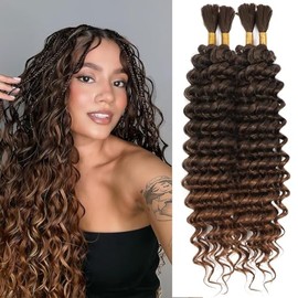 Human Braiding Hair Mix Synthetic Boho Hair for Braiding, 16 Inch Deep Wave Bulk for Boho Braids 4 Pcs Curly Bohemian Wet and Wavy Braiding Hair(1B/30