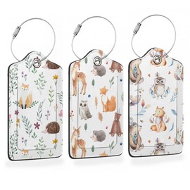 Deer Hedgehog Fox Owl Bear Luggage Tags Bag Tag with Privacy Cover Name Id Card Stainless Steel Loop Suitcase Labels Pu Leather Wild Forest Animals Baggage Tags for Travel,3 Pcs