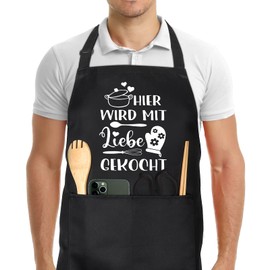 Heyu-Lotus BBQ Apron for Men, Funny Cooking Apron, Waterproof, Adjustable Kitchen Apron with Front Pockets, Funny BBQ Gift for Father's Day, Christmas or Birthday, COOKING WITH LOVE HERE