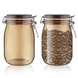 2 Pcs PET Plastic Storage Jar with Clamp Lid Empty Food Storage Container Bottle Large Refillable Canister For Nuts Sugar Coffee Candy Cookie Tea Spices And More (amber, 1000ml/33oz)