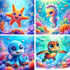 Lophomie 4 Pack Framed Paint by Number for Kids, Cute sea Animals Paint by Numbers Kit for Beginners,Easy Acrylic Watercolor Paint by Numbers Canvas Arts and Craftsfor Wall Decor Gift (8x8in).