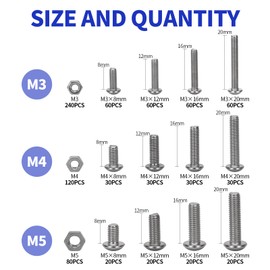 M3 M4 M5 Button Head Socket Cap Screws Bolts Flat Washers and Nuts Assortment Kit Socket Head Screws,304 Stainless Steel,Metric 880pcs 15sizes with 3 Allen (Hex) Keys,Latticed Packaging
